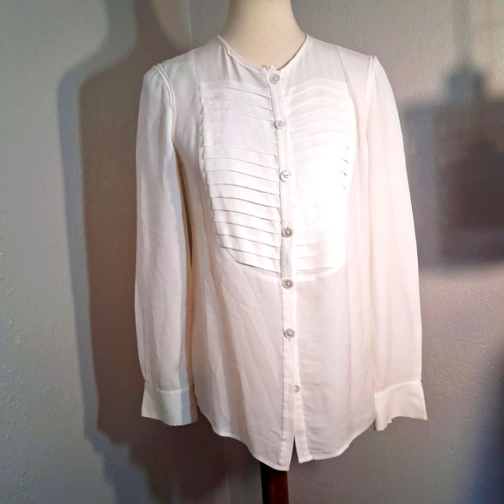 Tory Burch Cream Button Down Mandarin Collar Top Size 6